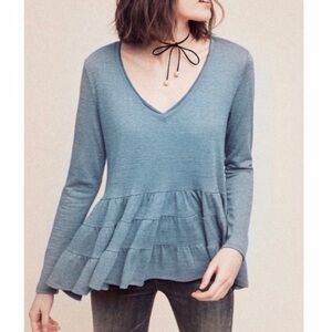 Anthropologie Deletta Thea Tiered
Ruffle Peplum Teal Blue V Neck Top, Size M